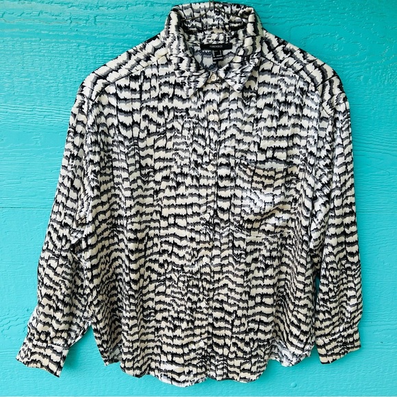 Forever 21 Oversized Abstract Shirt Long Sleeve Silky Black Gray Cream SZ LARGE - Picture 3 of 11